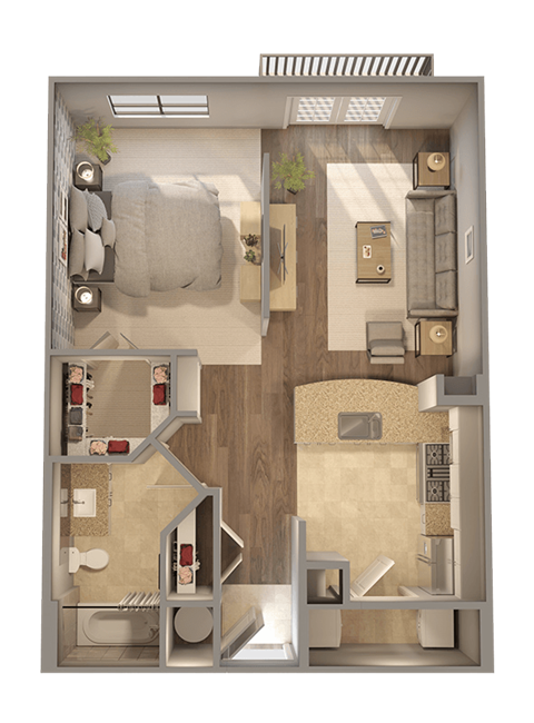 Floor plan for 1 bed, 1 bath, 670 sqft